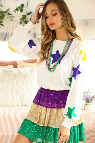 White Mardi Gras Star Printed Long Sleeve Top, Dear-Lover Dropshipping - A Blissfully Beautiful Boutique