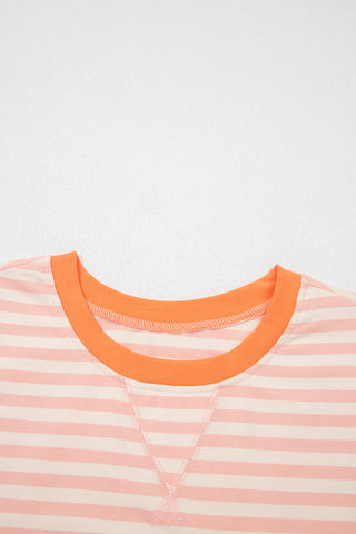 Pink Stripe Contrast Neck Loose Tee and Drawstring Shorts Set