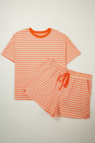 Pink Stripe Drop Shoulder T Shirt and Shorts Plus Size Summer Set, Dear-Lover Dropshipping - A Blissfully Beautiful Boutique