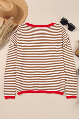 Brown Contrast Trimmed Striped Drop Shoulder Sweater