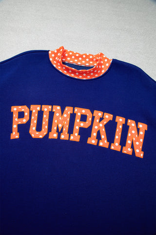 Dirty blue Polka Dot Letter Print Contrast Trim Mock Neck Sweatshirt