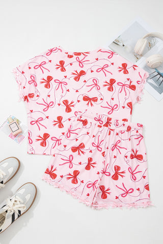 Red Romantic Bow Print Loose Tee Drawstring Shorts 2pcs Lounge Set, Dear-Lover Dropshipping - A Blissfully Beautiful Boutique