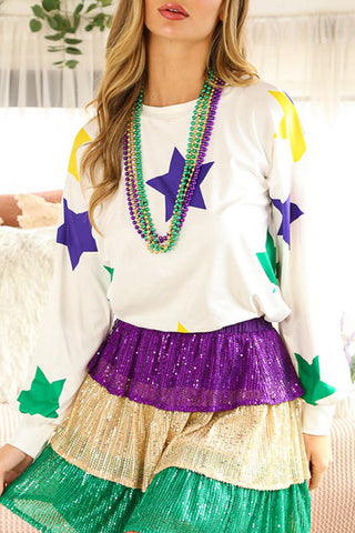White Mardi Gras Star Printed Long Sleeve Top, Dear-Lover Dropshipping - A Blissfully Beautiful Boutique