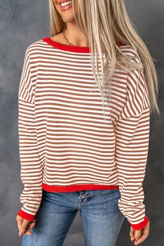 Brown Contrast Trimmed Striped Drop Shoulder Sweater