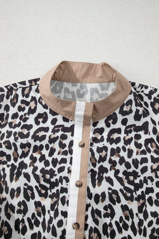 Multicolour Leopard Print Contrast Trim Button Split Neck Plus Long Sleeve Top, Dear-Lover Dropshipping - A Blissfully Beautiful Boutique