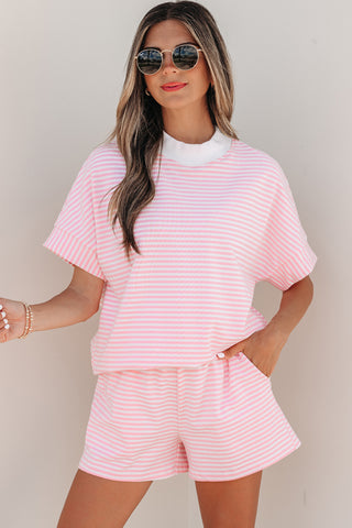 Pink Stripe Cuffed Sleeve Contrast Mock Neck Tee Casual 2pcs Short Set, Dear-Lover Dropshipping - A Blissfully Beautiful Boutique