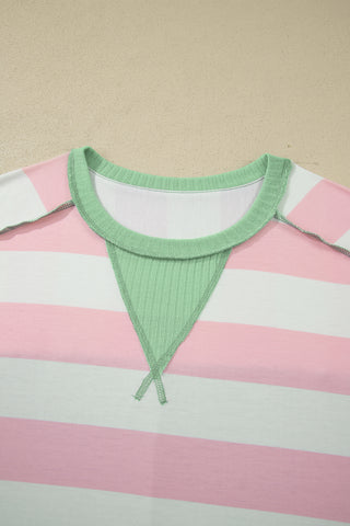 Pink Stripe Exposed Seam Ribbed Patchwork Oversized Tee, Dear-Lover Dropshipping - A Blissfully Beautiful Boutique