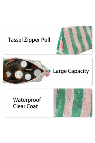 Dark Green Striped Vinyl Waterproof Tassel Zipper Makeup Bag, Dear-Lover Dropshipping - A Blissfully Beautiful Boutique