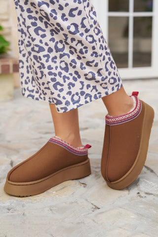 Chestnut Suede Contrast Print Round Toe Plush Lined Flats, Dear-Lover Dropshipping - A Blissfully Beautiful Boutique