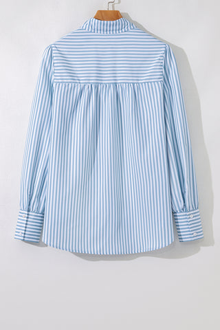 Sky Blue Stripe Shirred Detail Half Placket Collared Long Sleeve Fall Shirt