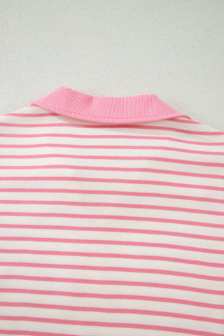 Pink Stripe Color Block Patchwork Polo Tee Drawstring Elastic Waist 2pcs Skort Set, Dear-Lover Dropshipping - A Blissfully Beautiful Boutique