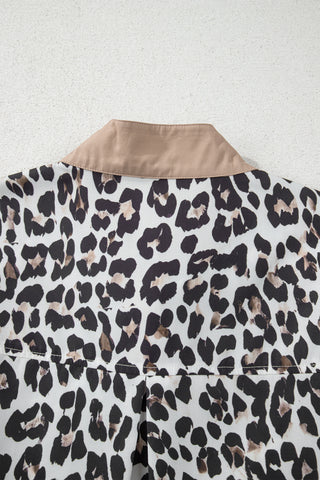 Multicolour Leopard Print Contrast Trim Button Split Neck Plus Long Sleeve Top, Dear-Lover Dropshipping - A Blissfully Beautiful Boutique