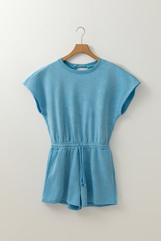 Mist Blue Mineral Wash Drawstring Waist Hollow Out Back Short Sleeve Romper