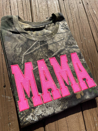 Realtree Camo Neon Pink Mama Glitter Applique Embroidered T-Shirt, Merch Girls - A Blissfully Beautiful Boutique