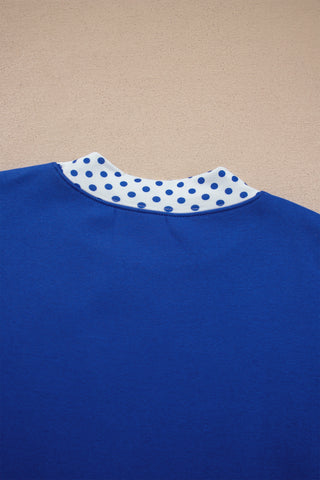 Navy Blue Polka Dot Trim Baggy Pullover 2pcs Short Set