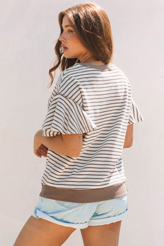 Parchment Contrast Detail Striped Ruffle Short Sleeve Top, A Blissfully Beautiful Boutique - A Blissfully Beautiful Boutique