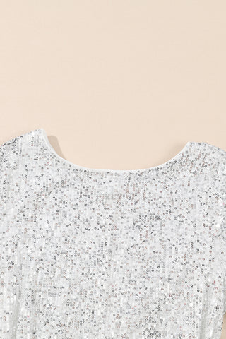 Silvery Sequin Long Sleeve Tie Waist Mini Dress