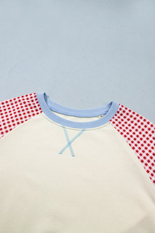 Beige Plaid Sleeve Colorblock Raglan Pullover Sweatshirt