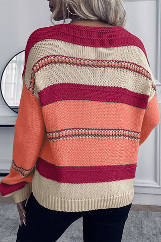 Peach Blossom Striped Pattern Knit V Neck Sweater