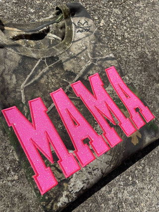 Realtree Camo Neon Pink Mama Glitter Applique Embroidered T-Shirt, Merch Girls - A Blissfully Beautiful Boutique