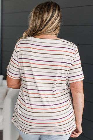 White Stripe V Neck Casual Plus Size Tee, Dear-Lover Dropshipping - A Blissfully Beautiful Boutique