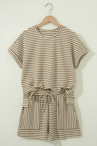 Brown Stripe Breathable Textured Knit Short 2pcs Set, Dear-Lover Dropshipping - A Blissfully Beautiful Boutique