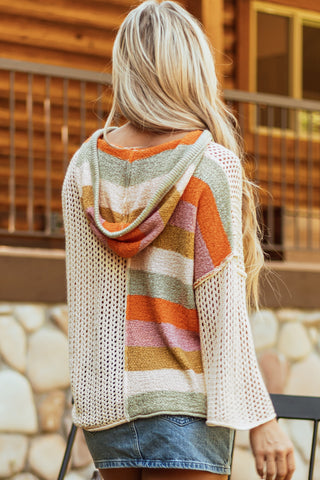 Beige Oversized Colorblock V Neck Hooded Sweater, A Blissfully Beautiful Boutique - A Blissfully Beautiful Boutique