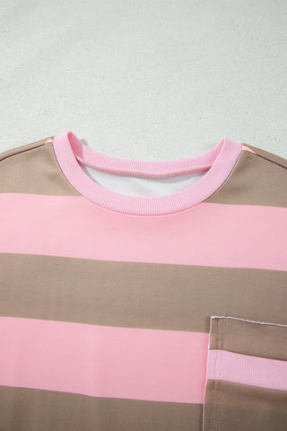 Pink Stripe Striped Colorblock Patch Pocket Split Hem Oversized Long Sleeve Sweatshirt