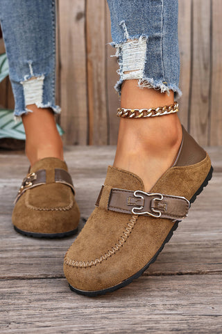 Khaki Faux Suede PU Leather Patchwork Retro Buckle Slip On Shoes, Dear-Lover Dropshipping - A Blissfully Beautiful Boutique