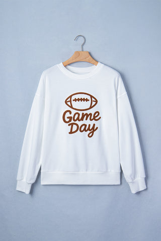 White Embroidered Slogan Game Day Rugby Pattern Crewneck Sweatshirt