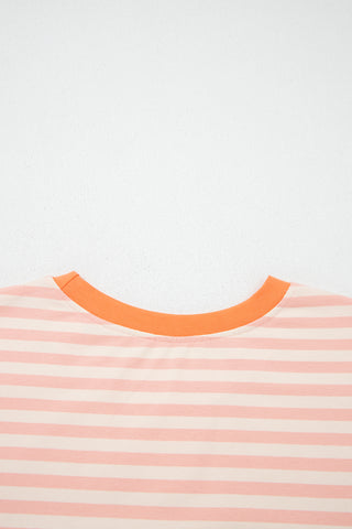 Pink Stripe Contrast Neck Loose Tee and Drawstring Shorts Set