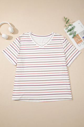 White Stripe V Neck Casual Plus Size Tee, Dear-Lover Dropshipping - A Blissfully Beautiful Boutique