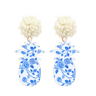 Blue Floral Acrylic Pineapple Earrings