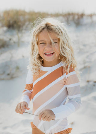 Lainey Beige Stripe Rainbow Zip Rash Guard Swimsuit