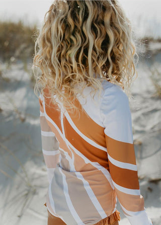 Lainey Beige Stripe Rainbow Zip Rash Guard Swimsuit