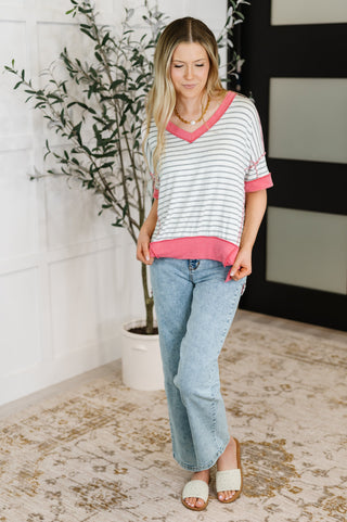 Dressed to Chill V-Neck Top in Heather/Grey/Ivory/Pink, Ave Shops - A Blissfully Beautiful Boutique
