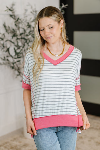 Dressed to Chill V-Neck Top in Heather/Grey/Ivory/Pink, Ave Shops - A Blissfully Beautiful Boutique