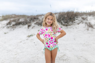 Olivia Green Pink Floral Rash Guard Swimsuit, Oopsie Daisy - A Blissfully Beautiful Boutique