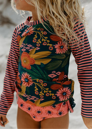 Elsie Long Sleeve Navy Tropical Rash Guard Swimsuit