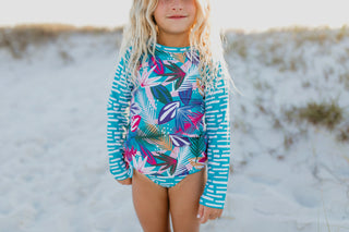 Elsie Long Sleeve Teal/Fuchsia Tropical Rash Guard Swimsuit