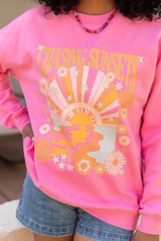 Chasing Sunsets Pink Graphic Sweatshirt, Pink Lily - A Blissfully Beautiful Boutique