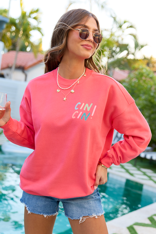 Cin Cin! Light Red Graphic Sweatshirt, Pink Lily - A Blissfully Beautiful Boutique