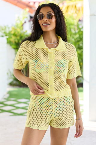 Yellow Crochet Swim Cover-Up Top, Pink Lily - A Blissfully Beautiful Boutique