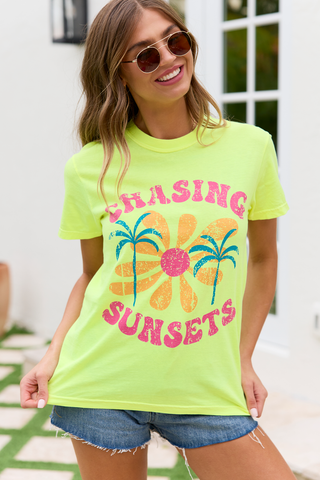 Chasing Sunsets Neon Yellow Graphic Tee, Pink Lily - A Blissfully Beautiful Boutique