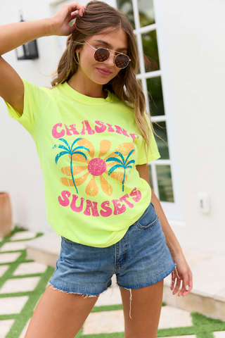 Chasing Sunsets Neon Yellow Graphic Tee, Pink Lily - A Blissfully Beautiful Boutique