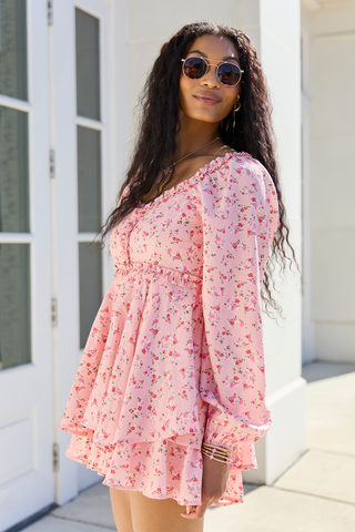 Farah Pink Floral Ruffle Trim Romper, Pink Lily - A Blissfully Beautiful Boutique