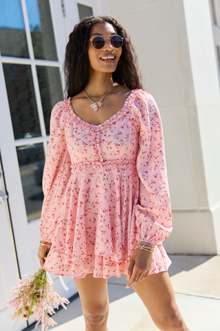 Farah Pink Floral Ruffle Trim Romper, Pink Lily - A Blissfully Beautiful Boutique