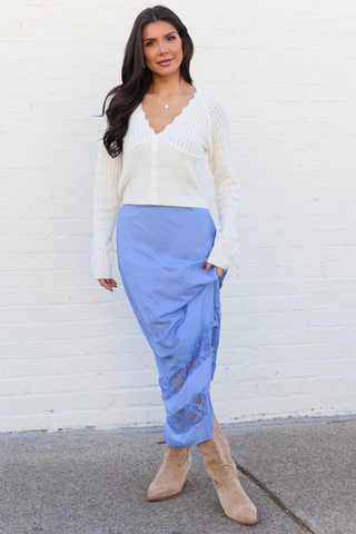 Kaden Blue Satin Lace Inset Midi Skirt, Pink Lily - A Blissfully Beautiful Boutique