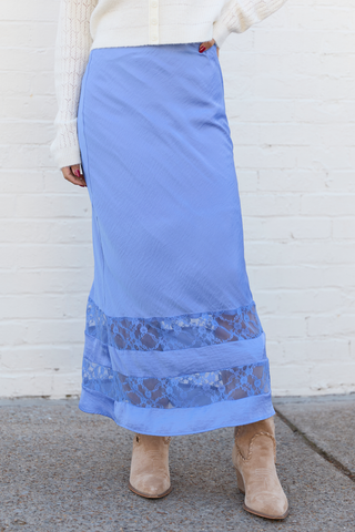 Kaden Blue Satin Lace Inset Midi Skirt, Pink Lily - A Blissfully Beautiful Boutique