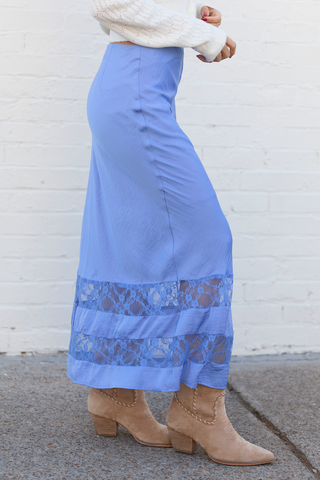 Kaden Blue Satin Lace Inset Midi Skirt, Pink Lily - A Blissfully Beautiful Boutique